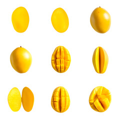 Bright yellow mangoes showcasing variety and freshness against a stark black background