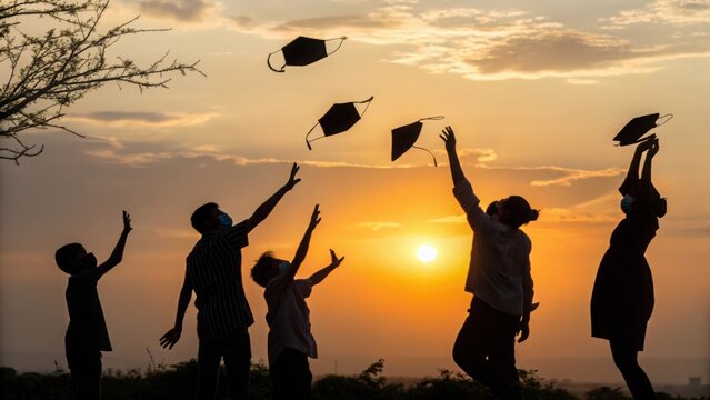 Silhouette of hands and masks at sunset. Golden sunset with diverse hands reaching upward. Symbolic release of face masks in sunlight. - Powered by Adobe