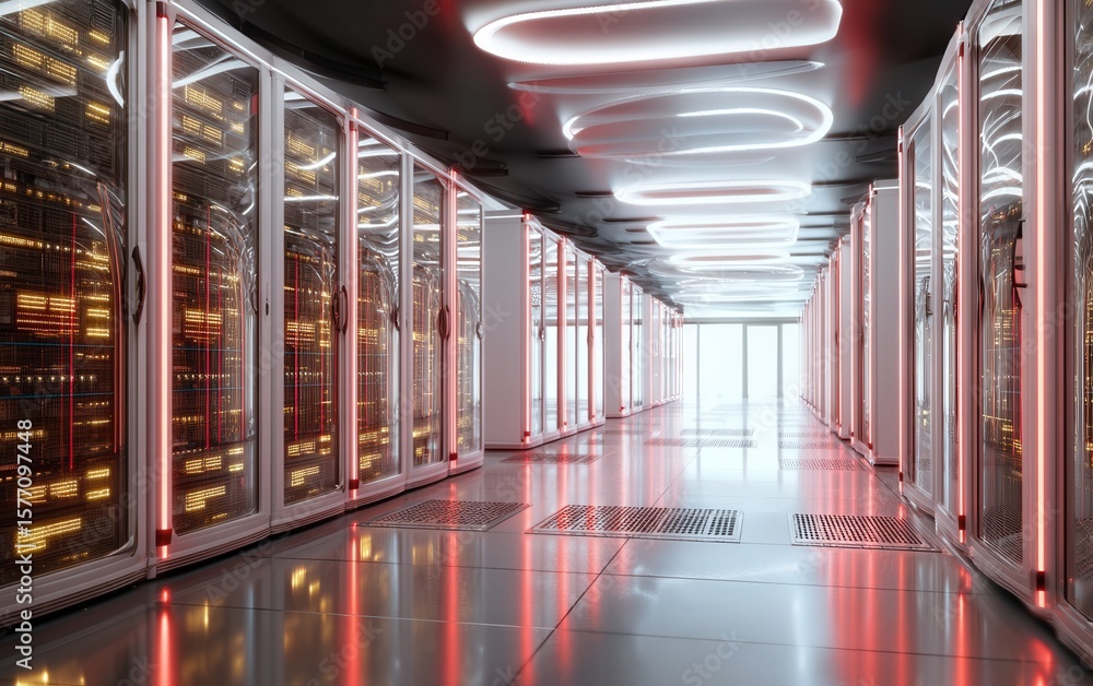 Aufkleber inside a server room showing multiple rack mounted server computers