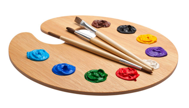 Wooden artist palette with colorful blobs of paint and a couple of paintbrushes 