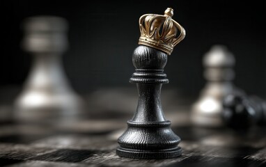 Chess pawn wearing crown represents business success on a chessboard game