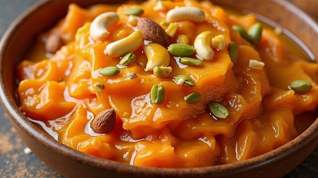 A captivating close-up showcases the glistening ghee glaze on freshly made Gajar Halwa, a rich and delicious Indian carrot dessert in stunning 4k resolution.