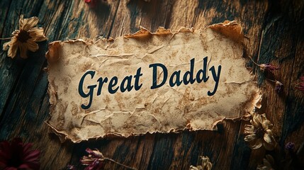 Handmade heartfelt message on aged paper reading "great Daddy" surrounded by dried flowers on rustic wooden background