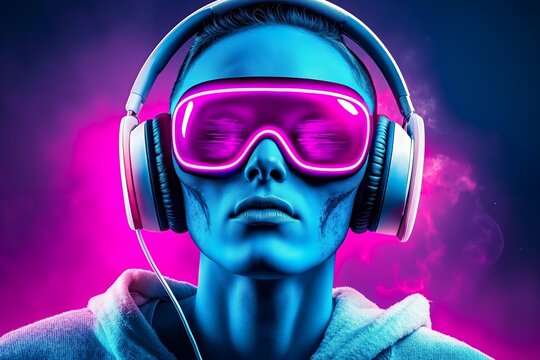 A man wearing a pair of headphones and a pink and blue mask