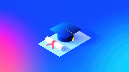 Blue graduation cap with a red ribbon on top of a diploma, isolated on a blue background, 3d illustration.