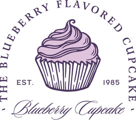 Blueberry cupcake flavor frosting cream blueberries flavored purple cake illustration logo sticker label design. Fancy retro vintage aesthetic homemade treats drawing clipart transparent background.