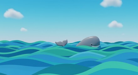 Naklejka premium A charming cartoon whale with a soft grey body and a visible tail fin playfully emerges from stylized blue and green ocean waves under a sky with fluffy clouds.