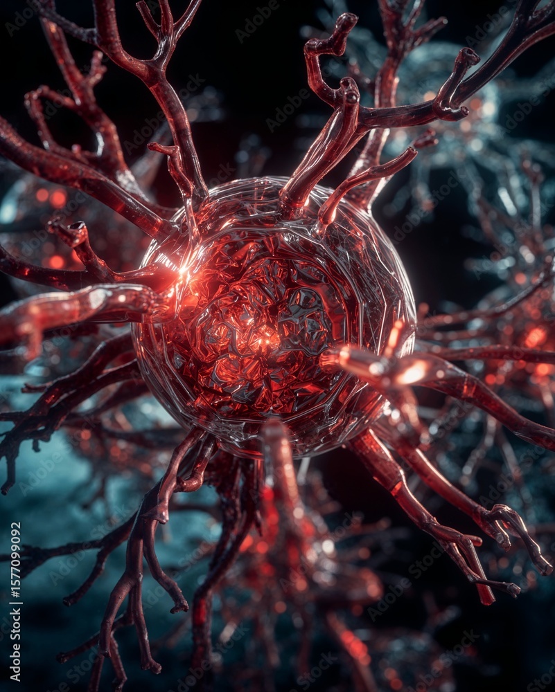 Poster a close up view of a nerve cell with branching dendrites and a central cell body illuminated in red