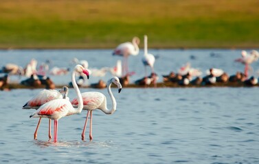 flamingos in water