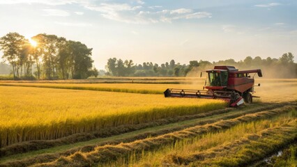 Obraz premium Vibrant combine harvester in golden rice field. Modern agriculture machinery harvesting crops. Sunny rural farming scene with red harvester.