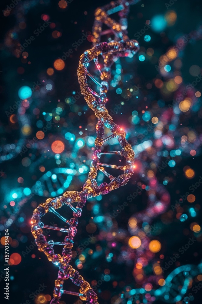 Poster a close up view of a dna strand with colorful bokeh lights in the background on a dark background
