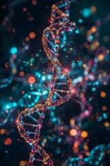 A close up view of a dna strand with colorful bokeh lights in the background on a dark background