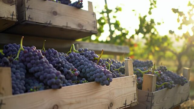 Ripe Purple Grapes Fill Wooden Crates Stacked in Vineyard Under Sunlight