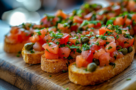 Fresh bruschetta with tomato, herbs, and capers on toasted bread