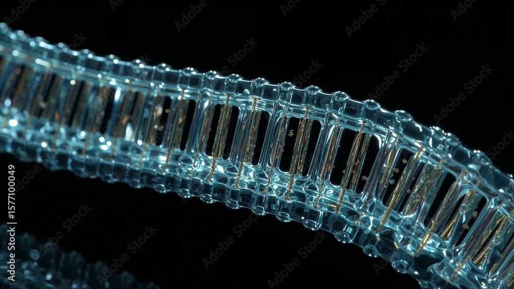Poster close up of a translucent chain structure with internal metallic strands on a dark background view
