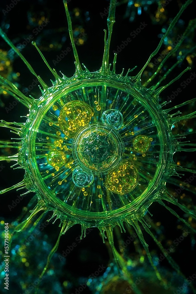 Aufkleber close up view of a green and yellow biological cell structure with spiky projections in dark setting