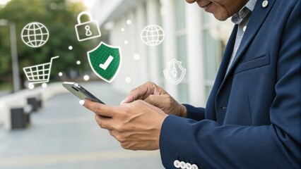 Smartphone with digital payment and security icons. Modern financial transactions on mobile. Secure online payment concept with green shield.