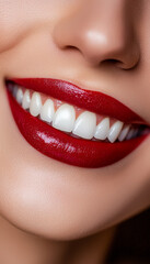 Naklejka premium Close-up of a smiling woman's teeth and lips with bold red lipstick