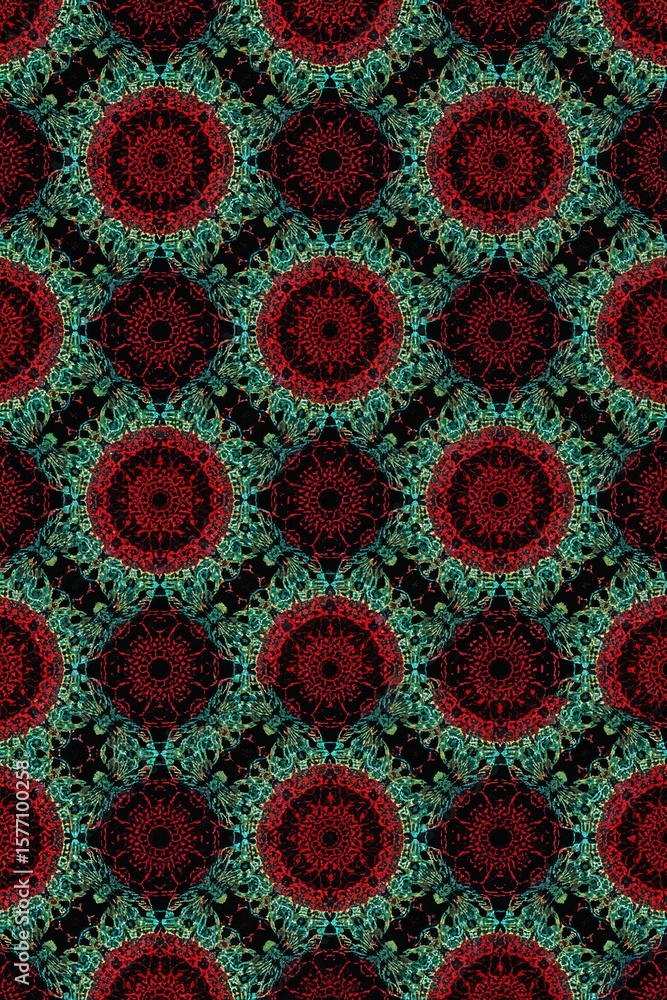 Aufkleber repeating pattern of red circular designs with green accents on a black background intricate design