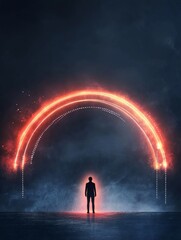 Silhouette Under Glowing Arc - A lone figure stands beneath a vibrant, fiery archway, symbolizing hope, transition, opportunity, mystery, and the future