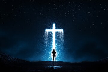 Silhouette Under Glowing Cross - A solitary figure stands before a luminous cross, symbolizing faith, hope, spirituality, divine guidance, and redemption. The evokes a sense of peace and contemplation