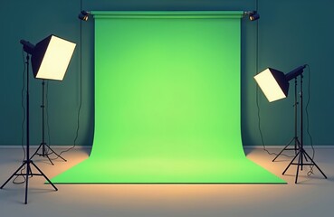 Green curtain studio setup with professional equipment. Black lighting fixtures on either side of green backdrop. Photography studio room with white floor. Background for photo and video shoots.