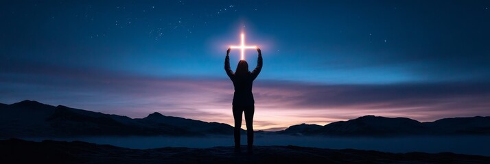 Silhouette Woman Holding Luminous Cross - A woman silhouetted against a twilight sky holds aloft a glowing cross, a powerful of faith and hope