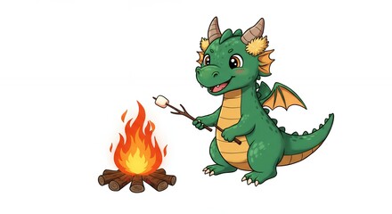 Cartoon dragon cooking marshmallow by campfire