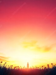 Sunset Silhouette In Field Of Flowers - A lone figure stands in a vibrant field, silhouetted against a breathtaking sunset. Peace, hope, solitude, nature, and tranquility are symbolized