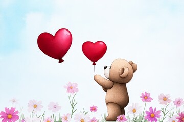 Teddy Bear with Heart Balloons in Flower Field - Adorable teddy bear holding two heart-shaped balloons in a field of flowers, perfect for Valentine's Day or romantic occasions