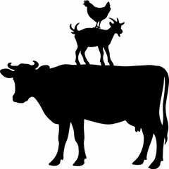 Black and white silhouette of three farm animals stacked vertically—cow at the bottom, goat in...