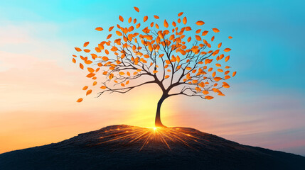 Sunset Silhouette Tree on Hilltop - A serene symbolizing growth, resilience, hope, nature, and tranquility. A lone tree stands on a hill at sunset, its leaves gently blowing in the wind