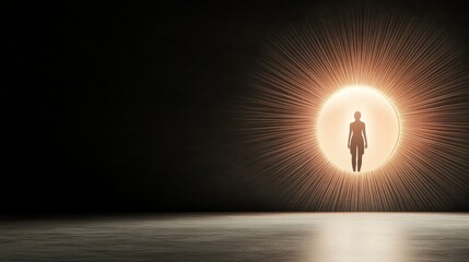 Transcendence: A Journey Within - Silhouette of a person standing within a glowing circular portal, radiating light. Spiritual, transformative, and hopeful concept