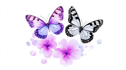 Two Butterflies on Pink Flowers - Two beautiful butterflies, one purple and one black and white, rest gently on delicate pink flowers against a white background
