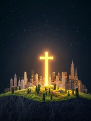 City Skyline Illuminated by Cross - Glowing cross atop a hill overlooking a city at night. Spiritual, hope, faith