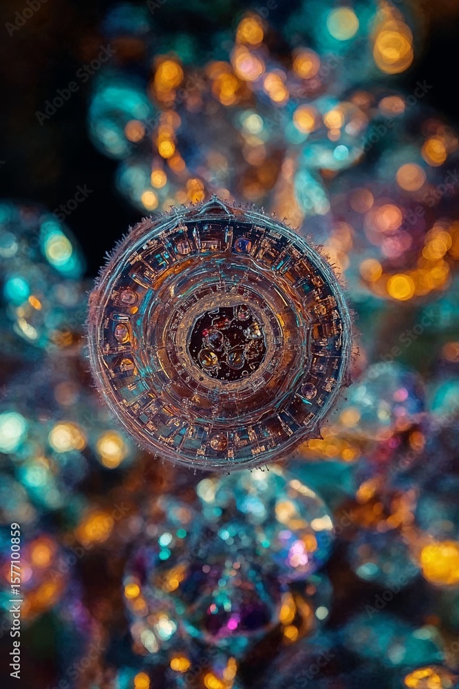 Poster a detailed macro shot of a complex circular object with surrounding blurred colorful orbs of light