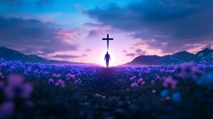 Faith Journey at Sunrise - Silhouette of a person walking towards a cross in a field of purple flowers at sunrise. Peaceful, spiritual scene