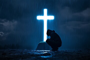 Faith in the Storm - A lone figure kneels in prayer before a luminous cross during a heavy rainstorm, symbolizing faith and resilience