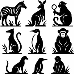 Black and white silhouette collection of nine distinct animals arranged in a 3x3 grid. Featuring zebra, kangaroo, monkey with magnifying glass, greyhound, penguin,chimpanzee, isolated white background