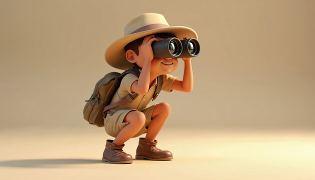 Cartoon explorer character in khaki shorts, white hat, examining distant object with binoculars. Simple composition with character focus, plain background. Adventurous spirit, curious, determined.