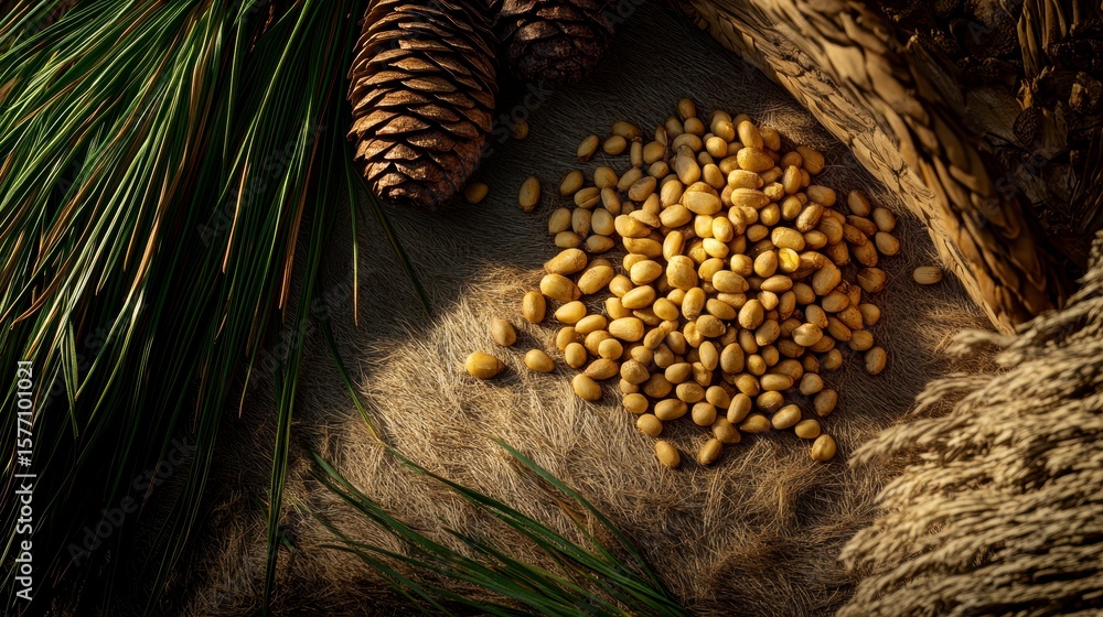 Poster pile of pine nuts with pine cones and branches on rustic surface.