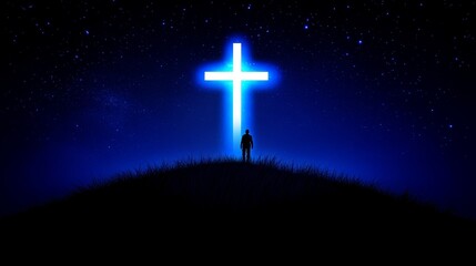 Glowing Cross Hilltop Silhouette - A solitary figure stands before a luminous cross atop a hill under a starlit night sky, symbolizing faith, hope, guidance, peace, and spiritual journey