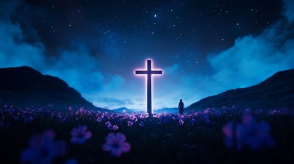 Glowing Cross in a Flower Field - A glowing cross stands tall in a field of purple flowers under a starry night sky. Symbolizing hope, faith, peace, serenity, and spirituality
