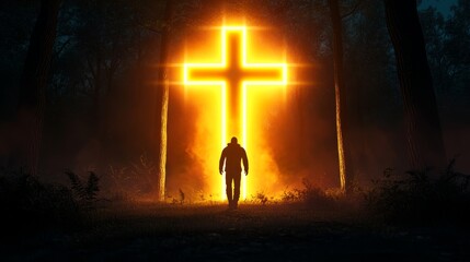 Glowing Cross in Forest Path - A lone figure walks towards a luminous cross in a dark forest, symbolizing faith, hope, mystery, journey, and divinity