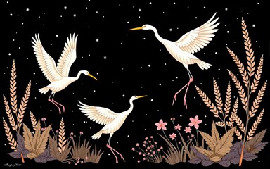 traditional stylish stylish embroidery on the black background. cranes fly and plants. constellation of birds, abstract style. sketch for printing on clothes. vector. trend. High quality