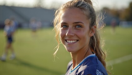 Teenage female Lacrosse player stands with stick in hand, field behind. Blue jersey with MIL logo, green grass, modern building background. Soccer game action scene, vibrant colors, sporty player.