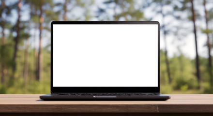 A laptop mockup in nature with a transparent screen for overlay use (PNG format)