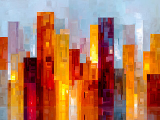 Abstract cityscape with vibrant, pixelated high-rise buildings