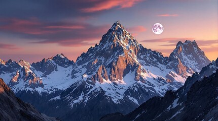 Snowy mountain range under a colorful sky with a visible full moon in the distance at dusk or dawn