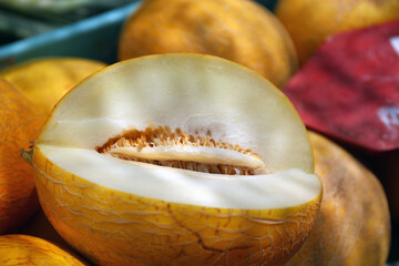 Yellow melon from local production at the market on the island of Mallorca.